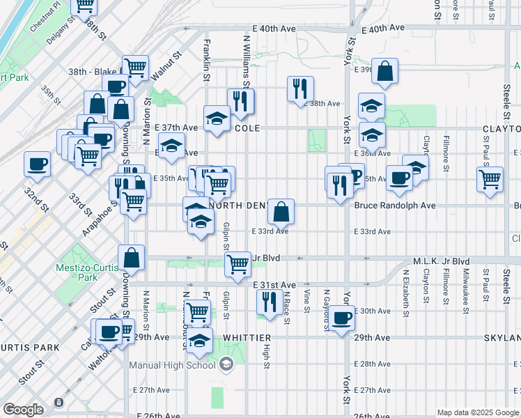 map of restaurants, bars, coffee shops, grocery stores, and more near 3420 North Williams Street in Denver