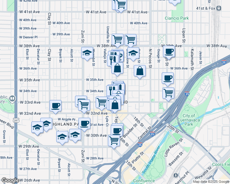 map of restaurants, bars, coffee shops, grocery stores, and more near 2000 West 35th Avenue in Denver