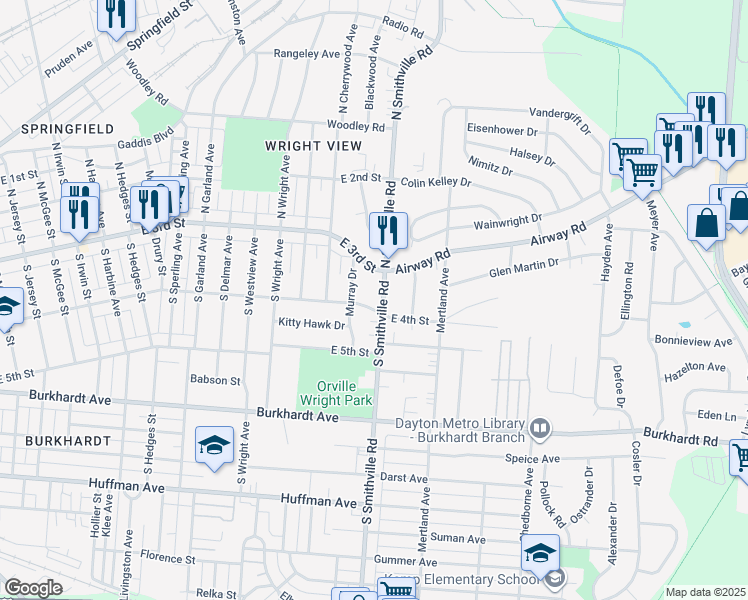 map of restaurants, bars, coffee shops, grocery stores, and more near 5 Smithville Road in Dayton