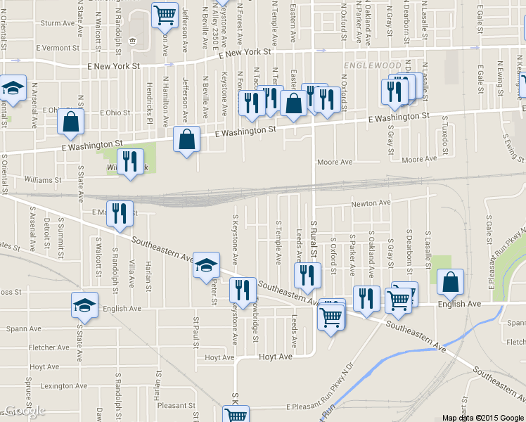 map of restaurants, bars, coffee shops, grocery stores, and more near 200 South Keystone Avenue in Indianapolis