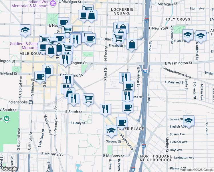 map of restaurants, bars, coffee shops, grocery stores, and more near 121 South East Street in Indianapolis