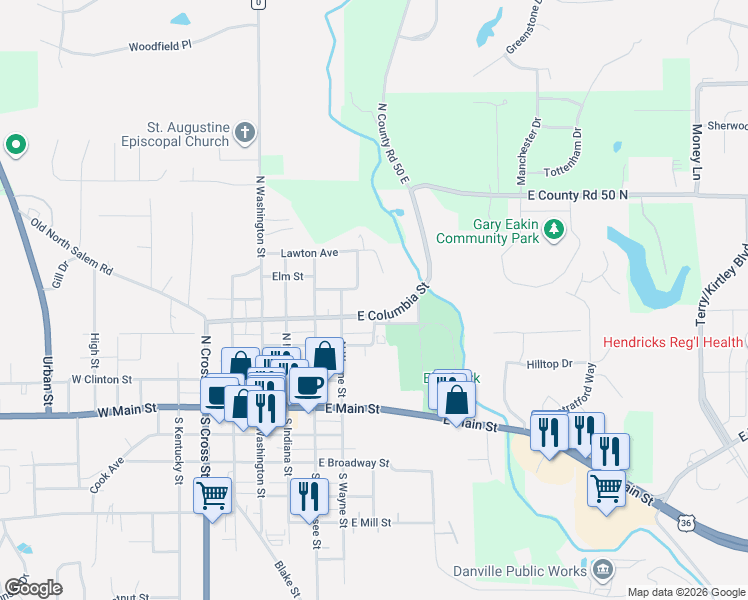 map of restaurants, bars, coffee shops, grocery stores, and more near 6 Hillcrest Court in Danville