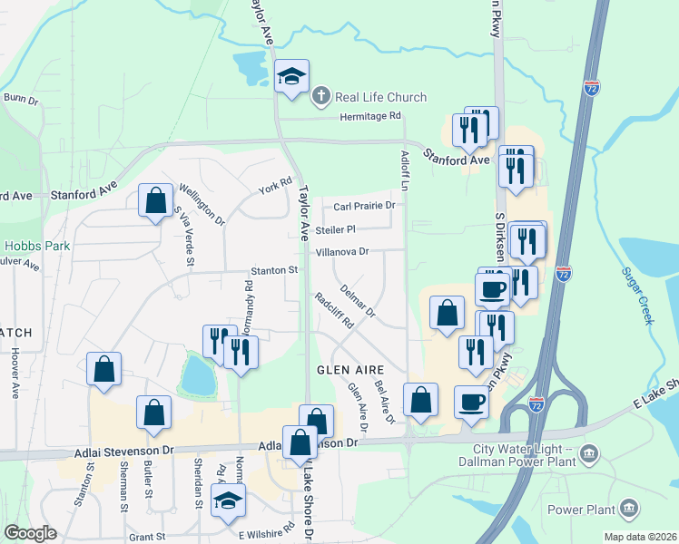 map of restaurants, bars, coffee shops, grocery stores, and more near 44 Villanova Drive in Springfield