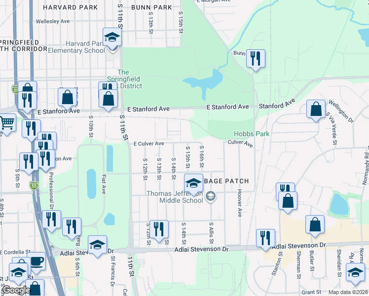 map of restaurants, bars, coffee shops, grocery stores, and more near 2739-2773 South 14th Street in Springfield