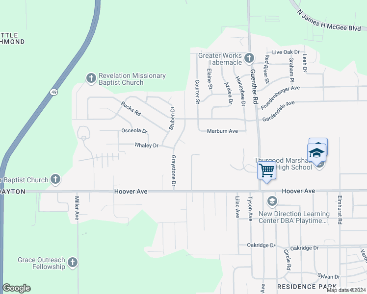 map of restaurants, bars, coffee shops, grocery stores, and more near 5030 Quincy Way in Dayton