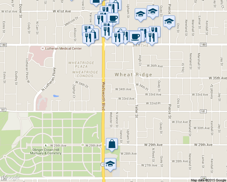 map of restaurants, bars, coffee shops, grocery stores, and more near 7480 West 34th Avenue in Wheat Ridge