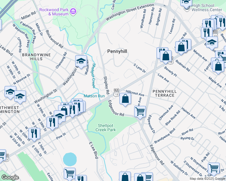 map of restaurants, bars, coffee shops, grocery stores, and more near 201 Philadelphia Pike in Wilmington