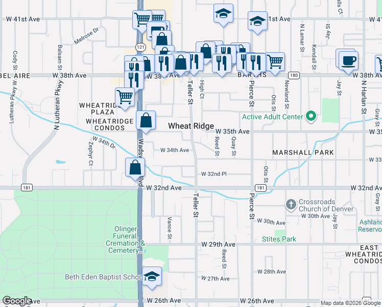 map of restaurants, bars, coffee shops, grocery stores, and more near 7150 West 34th Place in Wheat Ridge