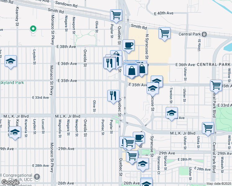map of restaurants, bars, coffee shops, grocery stores, and more near 3401 Quebec Street in Denver