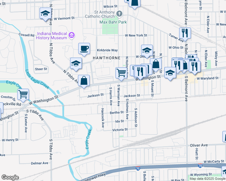 map of restaurants, bars, coffee shops, grocery stores, and more near 23 South Harris Avenue in Indianapolis