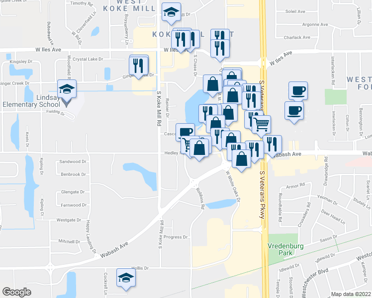 map of restaurants, bars, coffee shops, grocery stores, and more near 3108 Cascade Drive in Springfield
