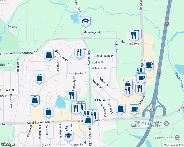 map of restaurants, bars, coffee shops, grocery stores, and more near 71 Villanova Drive in Springfield