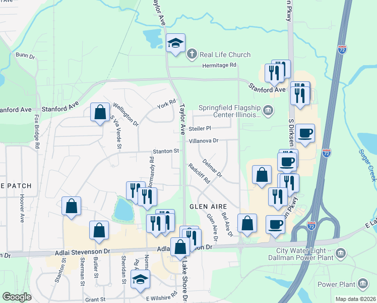 map of restaurants, bars, coffee shops, grocery stores, and more near 71 Villanova Drive in Springfield