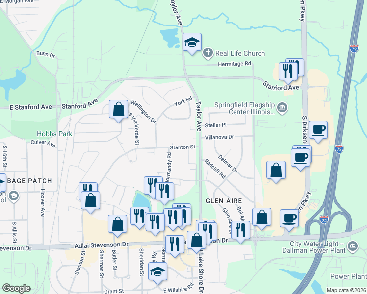 map of restaurants, bars, coffee shops, grocery stores, and more near 2852 Stanton Avenue in Springfield