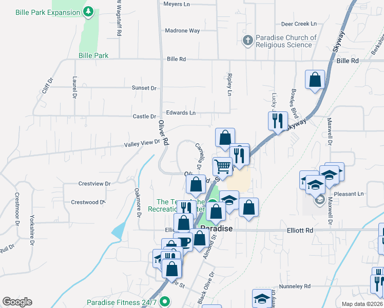 map of restaurants, bars, coffee shops, grocery stores, and more near 709 Poppy Lane in Paradise