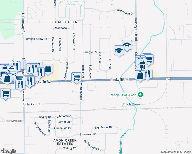 map of restaurants, bars, coffee shops, grocery stores, and more near 70 Kirk Drive West in Indianapolis