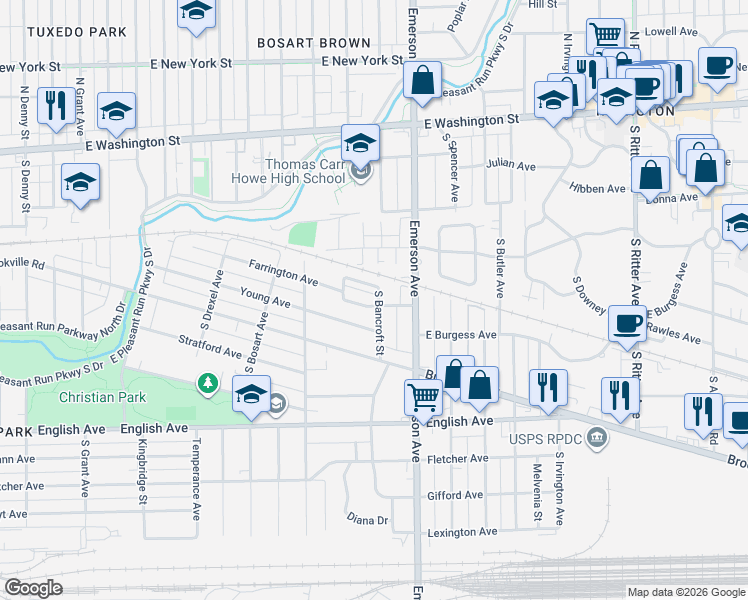 map of restaurants, bars, coffee shops, grocery stores, and more near 4932 Farrington Avenue in Indianapolis