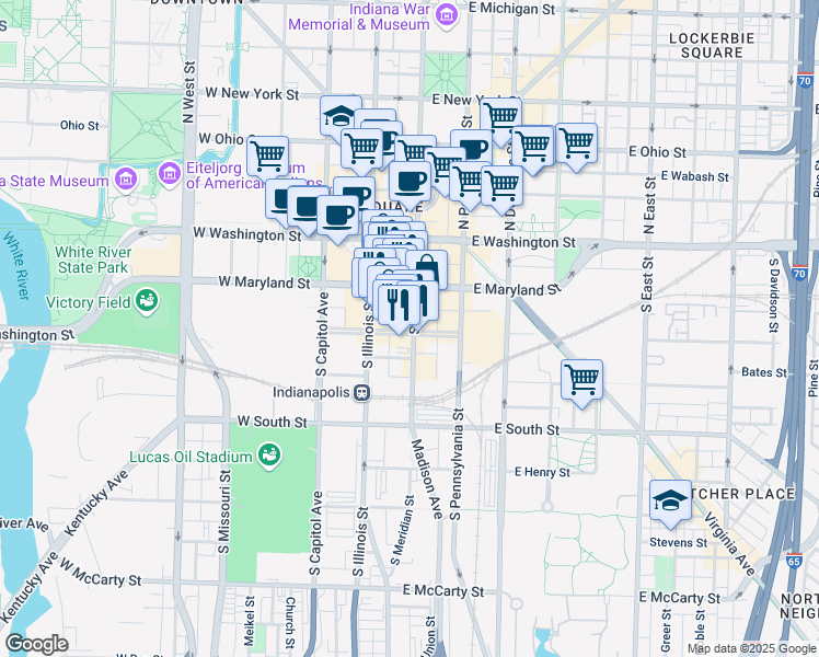map of restaurants, bars, coffee shops, grocery stores, and more near 130 South Meridian Street in Indianapolis