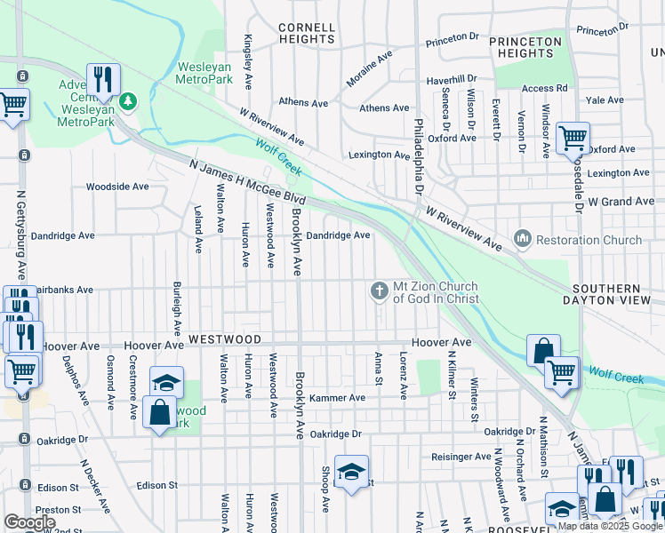 map of restaurants, bars, coffee shops, grocery stores, and more near 640 Shoop Avenue in Dayton