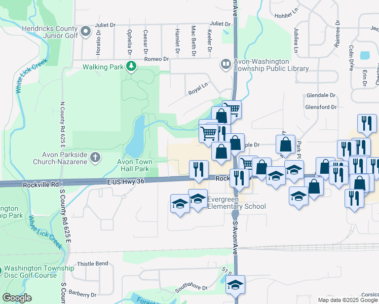 map of restaurants, bars, coffee shops, grocery stores, and more near 108 State Highway 267 in Avon