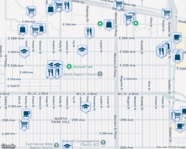 map of restaurants, bars, coffee shops, grocery stores, and more near 3370 Krameria Street in Denver