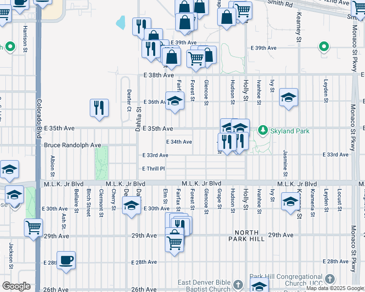 map of restaurants, bars, coffee shops, grocery stores, and more near 5109 East 34th Avenue in Denver