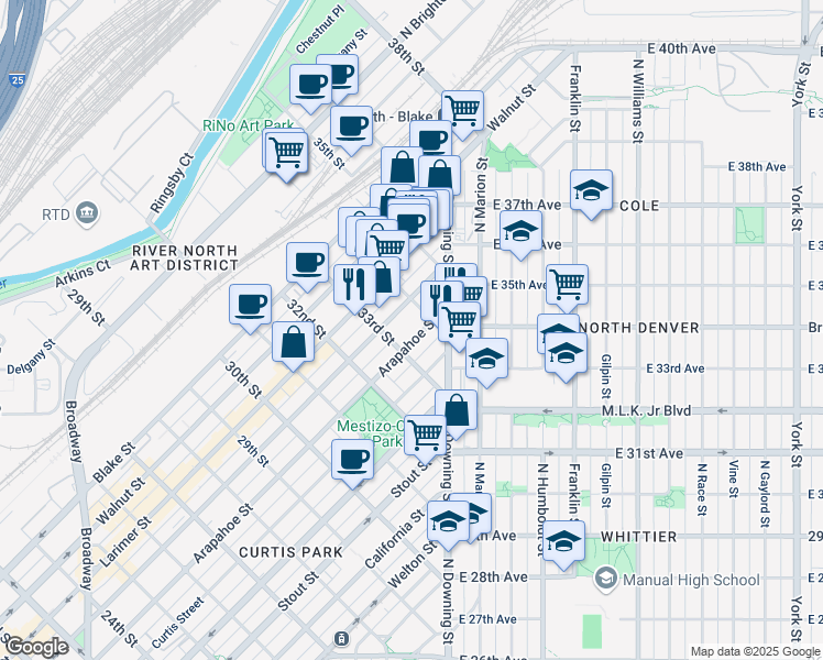 map of restaurants, bars, coffee shops, grocery stores, and more near 1180 34th Street in Denver