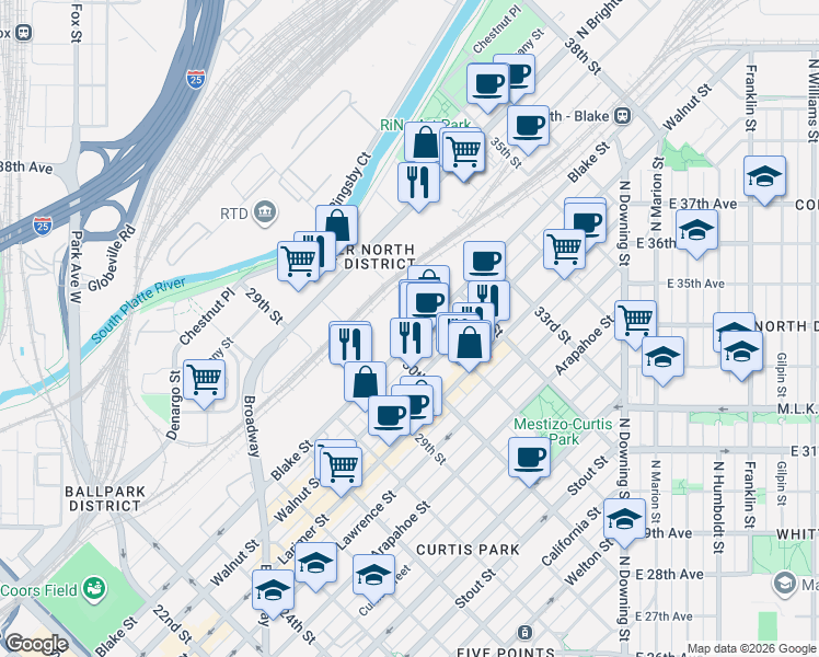 map of restaurants, bars, coffee shops, grocery stores, and more near 3095 Blake Street in Denver