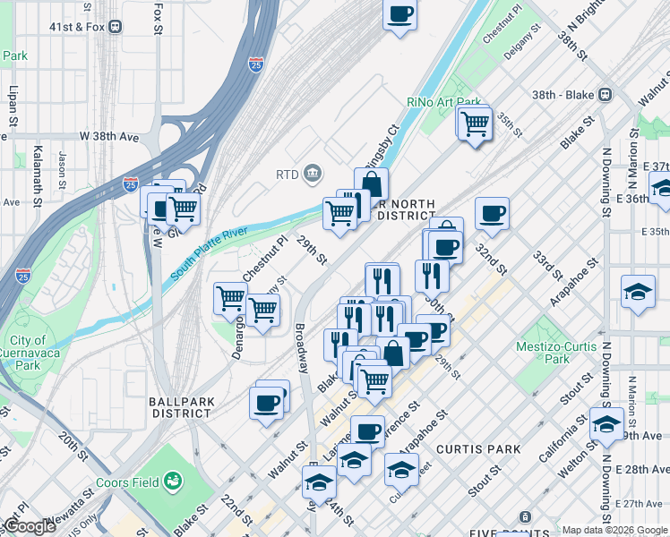 map of restaurants, bars, coffee shops, grocery stores, and more near 1829 29th Street in Denver