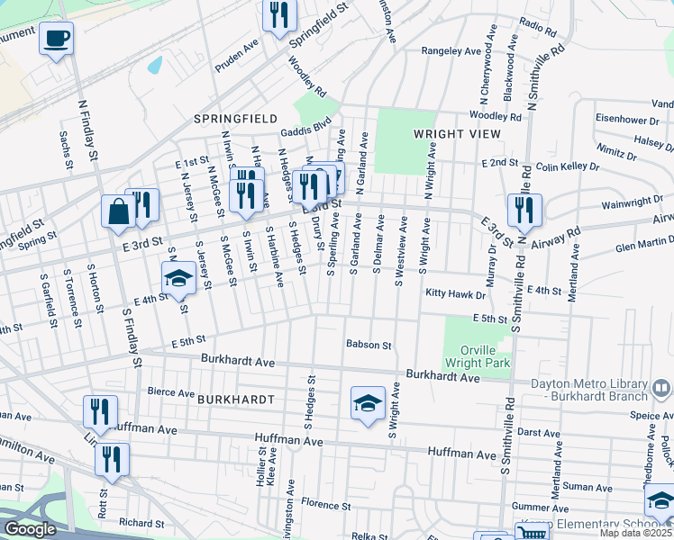 map of restaurants, bars, coffee shops, grocery stores, and more near 75 South Sperling Avenue in Dayton