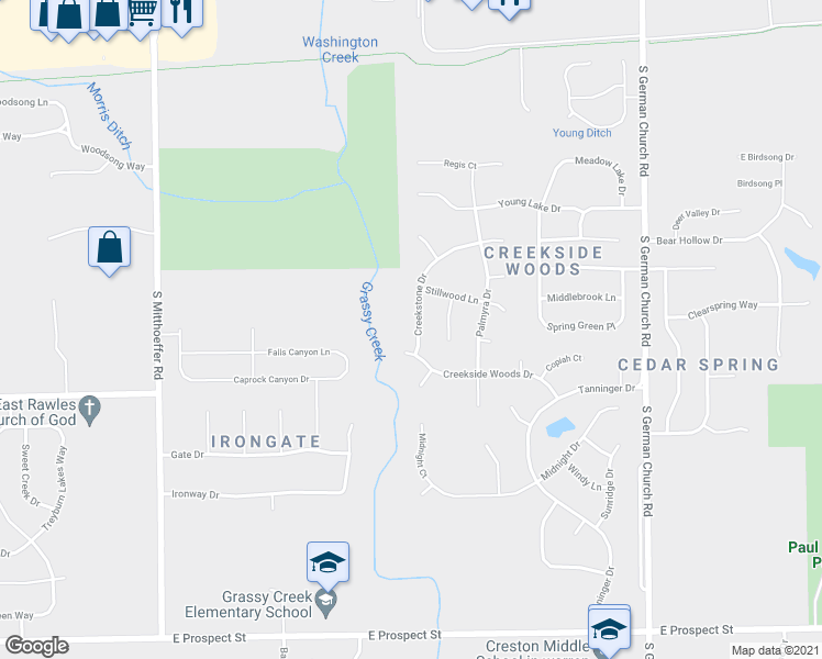 map of restaurants, bars, coffee shops, grocery stores, and more near 349 Creekstone Drive in Indianapolis