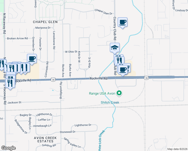 map of restaurants, bars, coffee shops, grocery stores, and more near 55 Kirk Drive West in Indianapolis