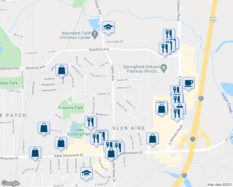 map of restaurants, bars, coffee shops, grocery stores, and more near 71 Villanova Drive in Springfield
