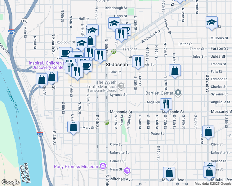 map of restaurants, bars, coffee shops, grocery stores, and more near 1101 Charles Street in Saint Joseph