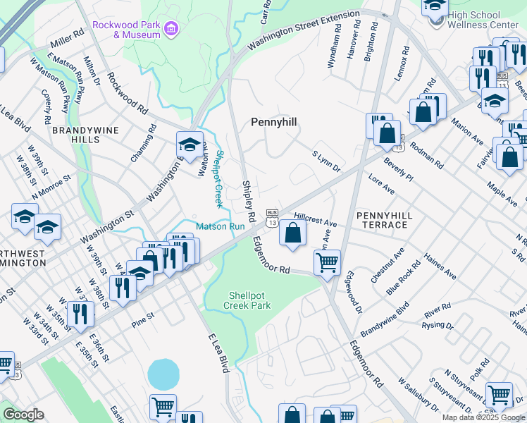 map of restaurants, bars, coffee shops, grocery stores, and more near 201 1/2 Philadelphia Pike in Wilmington