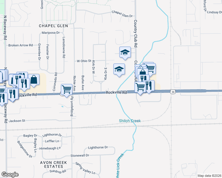 map of restaurants, bars, coffee shops, grocery stores, and more near 55 Kirk Drive West in Indianapolis