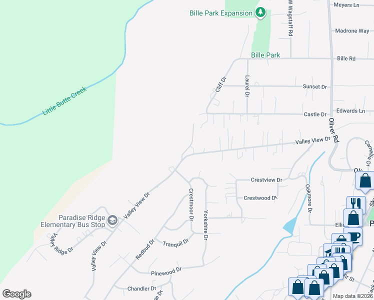 map of restaurants, bars, coffee shops, grocery stores, and more near 6037 Shadow Mountain Lane in Paradise