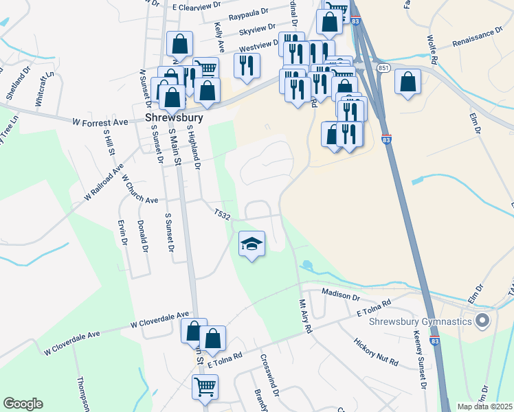 map of restaurants, bars, coffee shops, grocery stores, and more near 16614 Kennedy Circle in Shrewsbury
