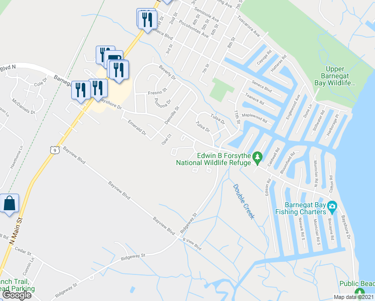 map of restaurants, bars, coffee shops, grocery stores, and more near 7 South Seas Court in Barnegat Township