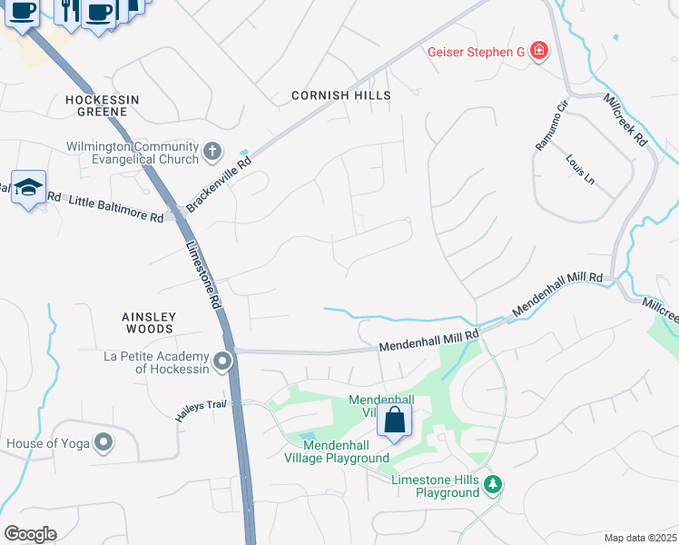 map of restaurants, bars, coffee shops, grocery stores, and more near 2 Hanson Lane in Hockessin