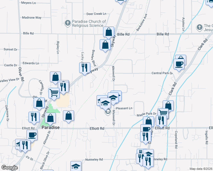 map of restaurants, bars, coffee shops, grocery stores, and more near 5975 Maxwell Drive in Paradise