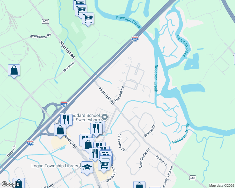 map of restaurants, bars, coffee shops, grocery stores, and more near 16 Honeysuckle Lane in Logan Township