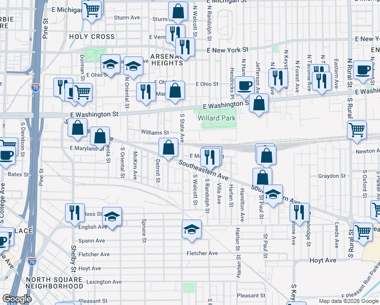 map of restaurants, bars, coffee shops, grocery stores, and more near 119 South State Avenue in Indianapolis