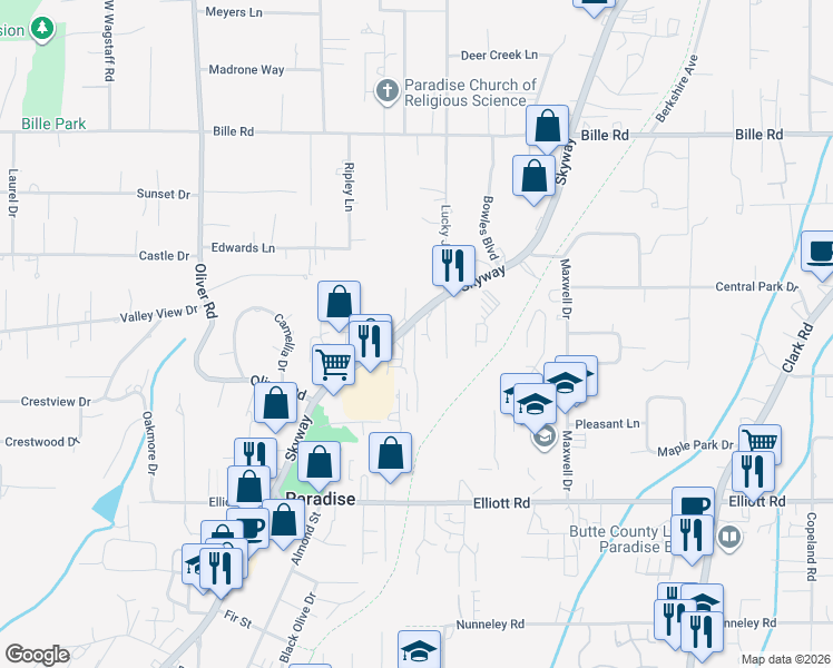map of restaurants, bars, coffee shops, grocery stores, and more near 7020 Skyway Road in Paradise