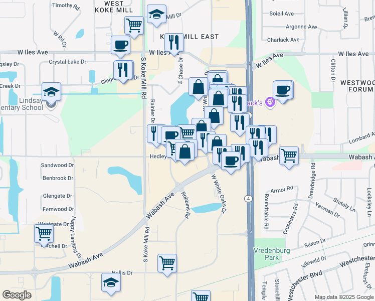 map of restaurants, bars, coffee shops, grocery stores, and more near 3000 Cascade Drive in Springfield
