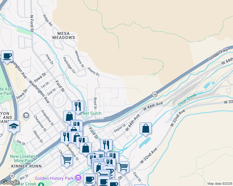 map of restaurants, bars, coffee shops, grocery stores, and more near 403 Butte Parkway in Golden