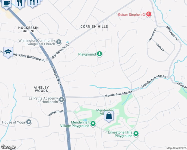 map of restaurants, bars, coffee shops, grocery stores, and more near 2 Hanson Lane in Hockessin