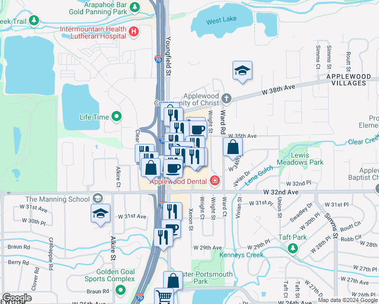 map of restaurants, bars, coffee shops, grocery stores, and more near 3400 Youngfield Street in Wheat Ridge