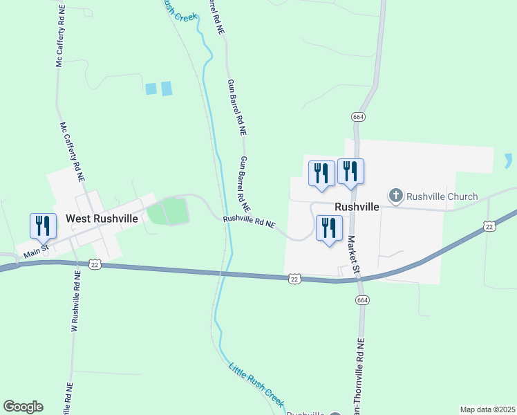 map of restaurants, bars, coffee shops, grocery stores, and more near 3210 Gun Barrel Road Northeast in Rushville