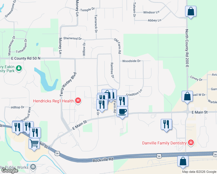 map of restaurants, bars, coffee shops, grocery stores, and more near 299 Heritage Drive in Danville